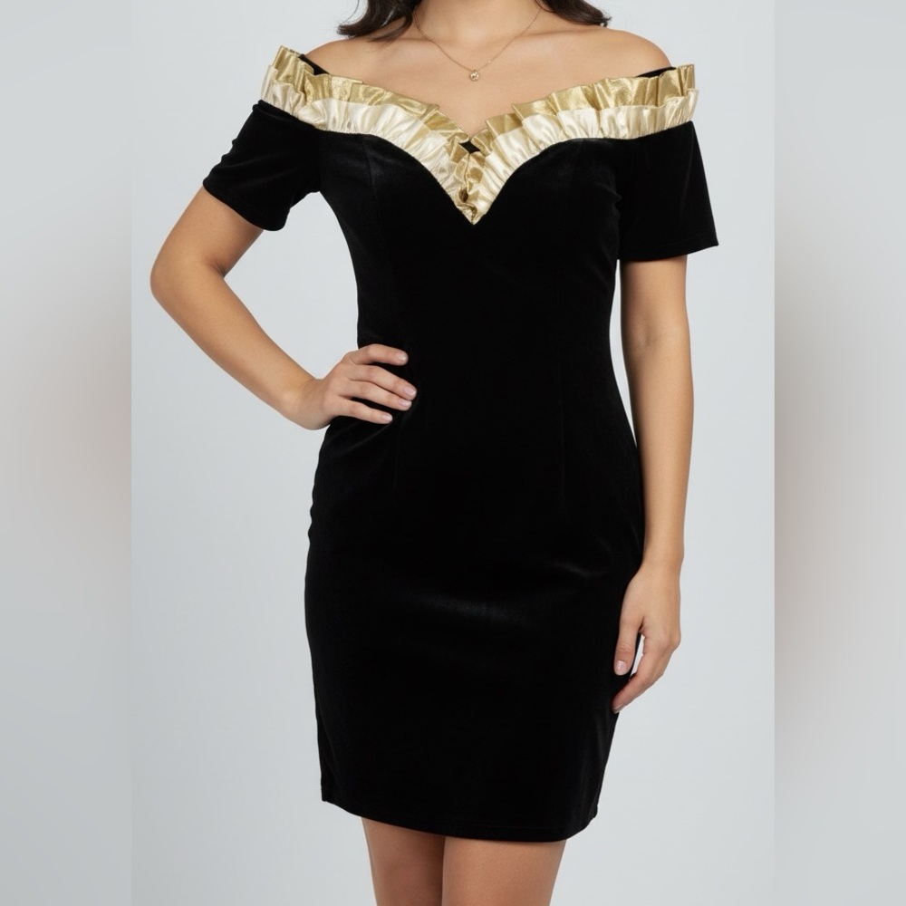 Jessica McClintock Gunne Sax Black Velvet Velour Dress Ruffled Mini Sheath 3/4